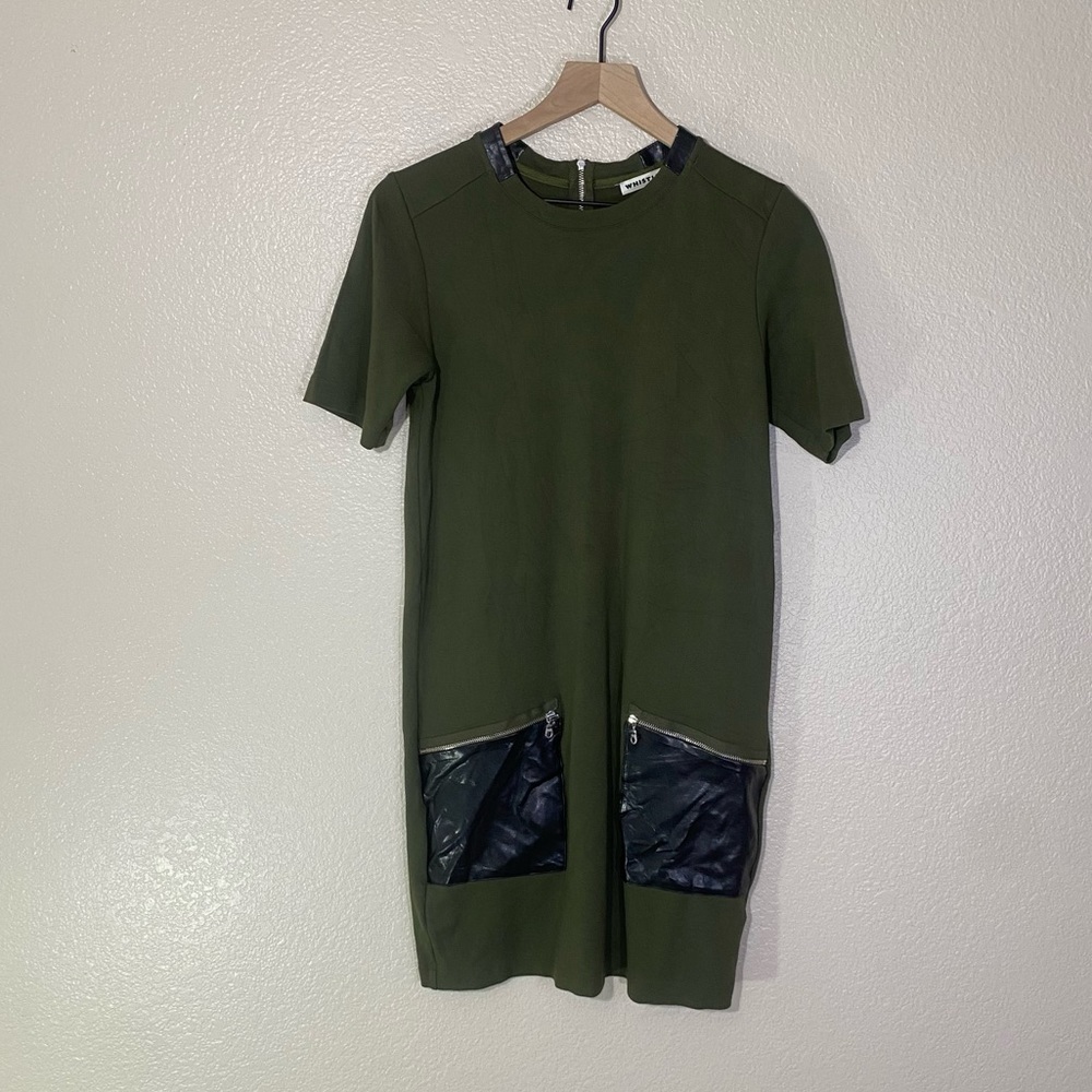 WHISTLES GREEN FAUX LEATHER TRIM STRETCH JERSEY SHORT SLEEVE SHIFT DRESS SIZE 4